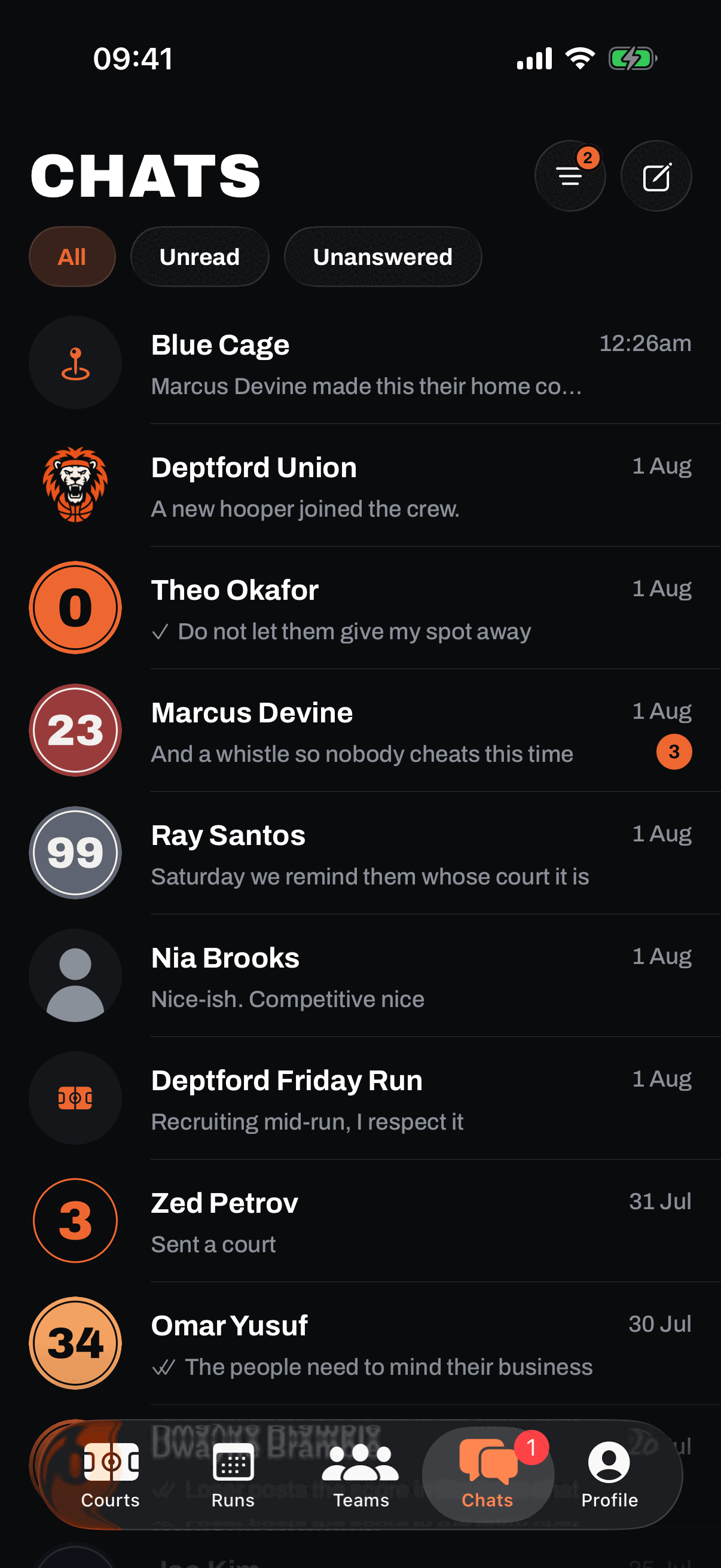 The GotNext Chats tab: filters for All, Unread and Unanswered, a Blue Cage court chat, the Deptford Union team chat announcing a new hooper joined the crew, direct messages with other hoopers including an unread count, and the Deptford Friday Run chat.