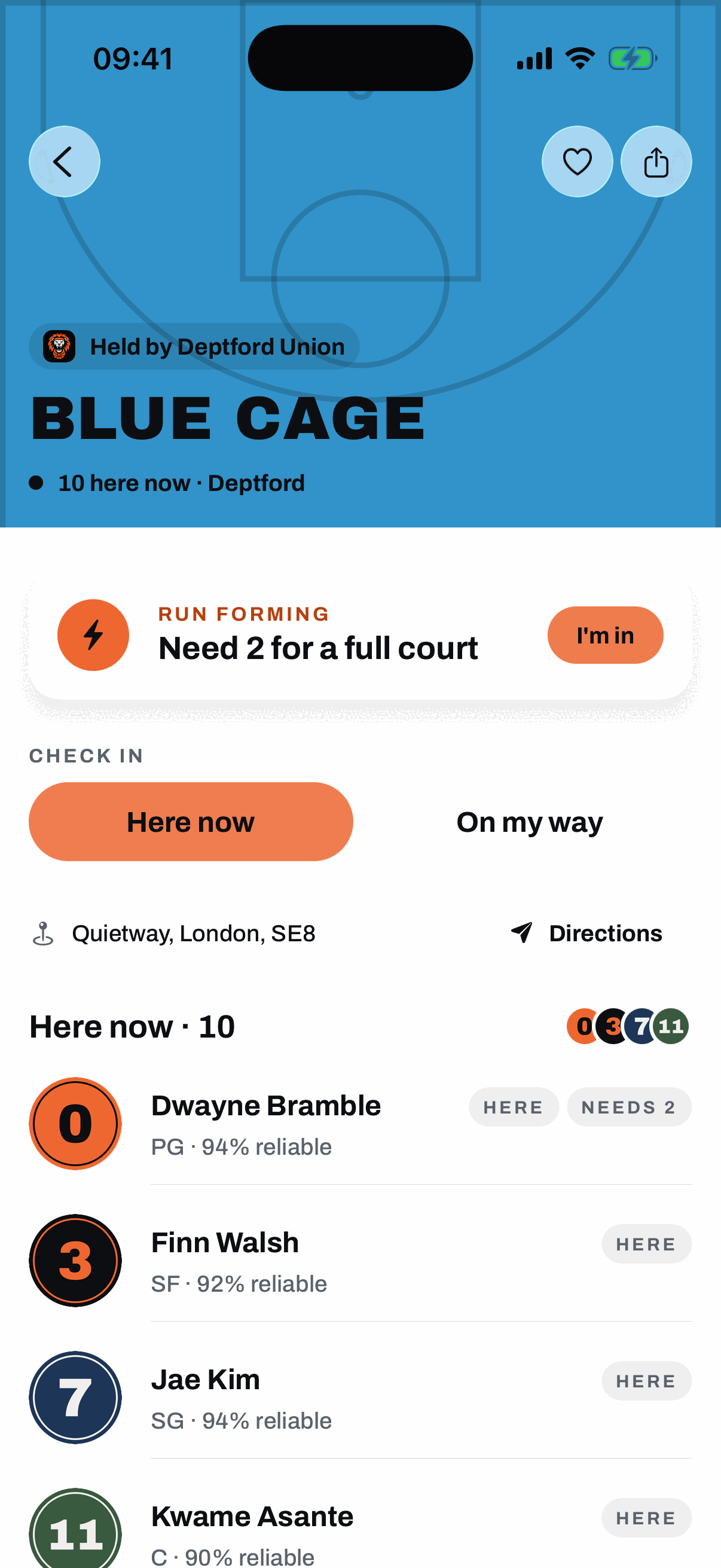 The Blue Cage court page: held by Deptford Union, ten here now, a Run forming card reading Need 2 for a full court with an I am in button, and the Here now and On my way check-in buttons.