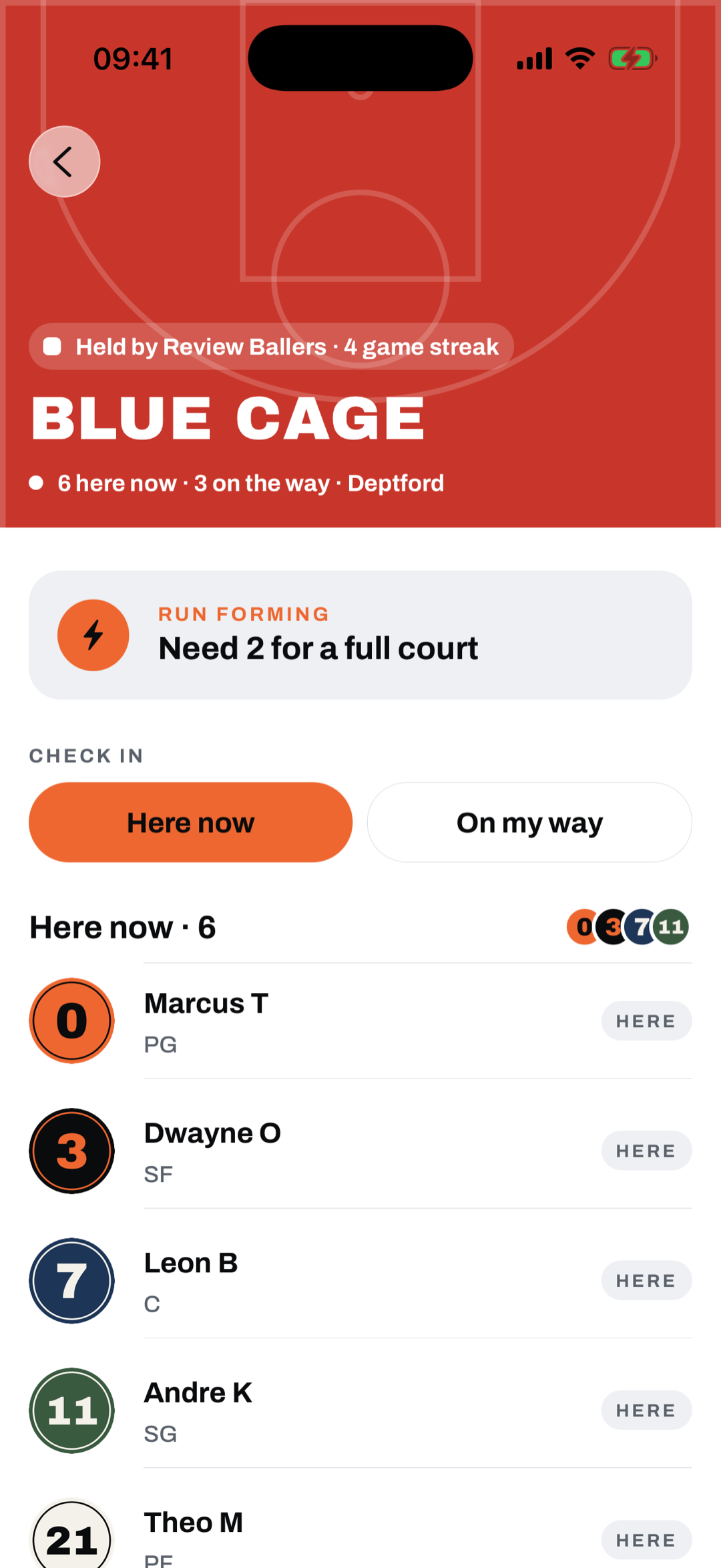 The Blue Cage court page held by Review Ballers: six here now and three on the way, with the check-in buttons and the players here listed.