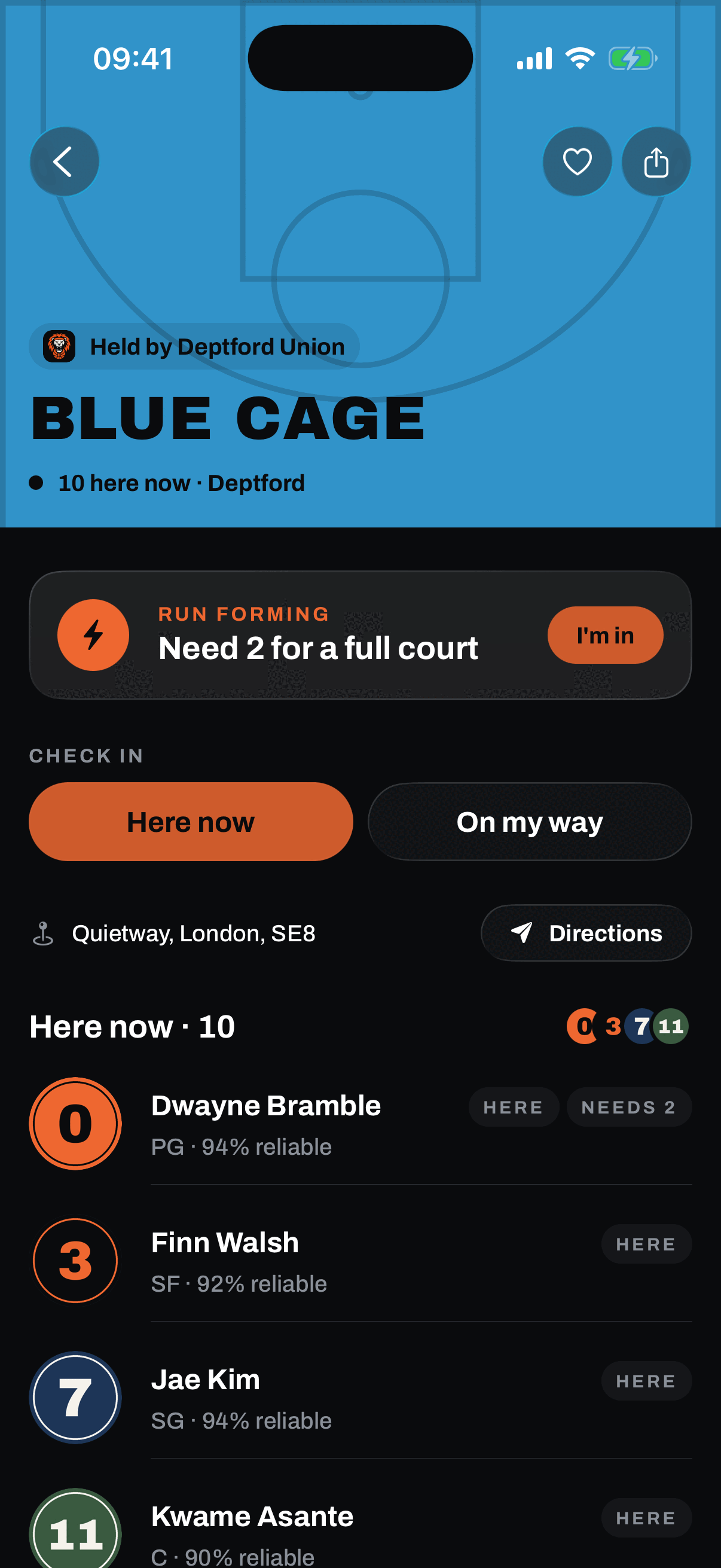 The Blue Cage court page: held by Deptford Union, ten here now, a Run forming card reading Need 2 for a full court with an I am in button, and the Here now and On my way check-in buttons.