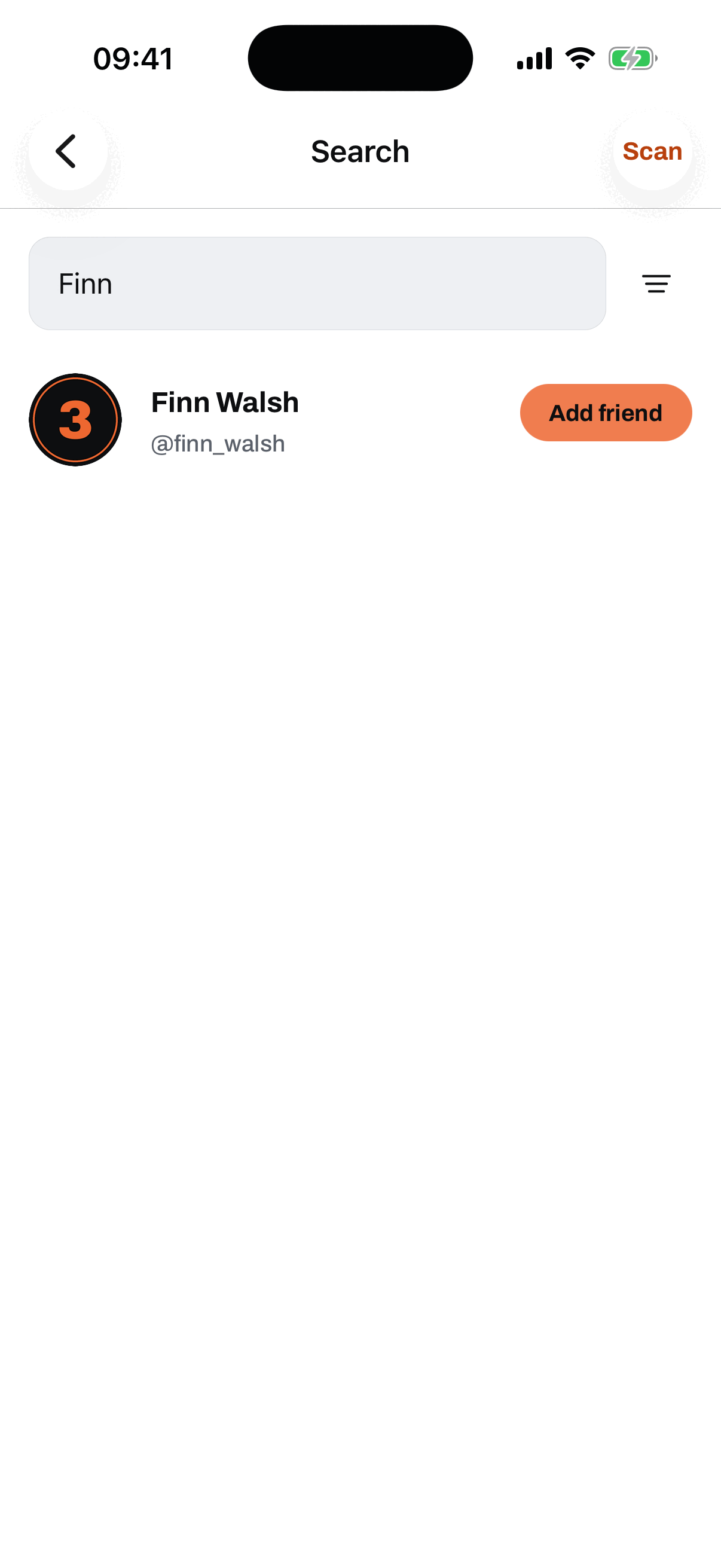 Searching GotNext for a hooper: the query Finn returns Finn Walsh, handle finn_walsh, with an Add friend button beside him and a Scan button in the header for connecting by QR.