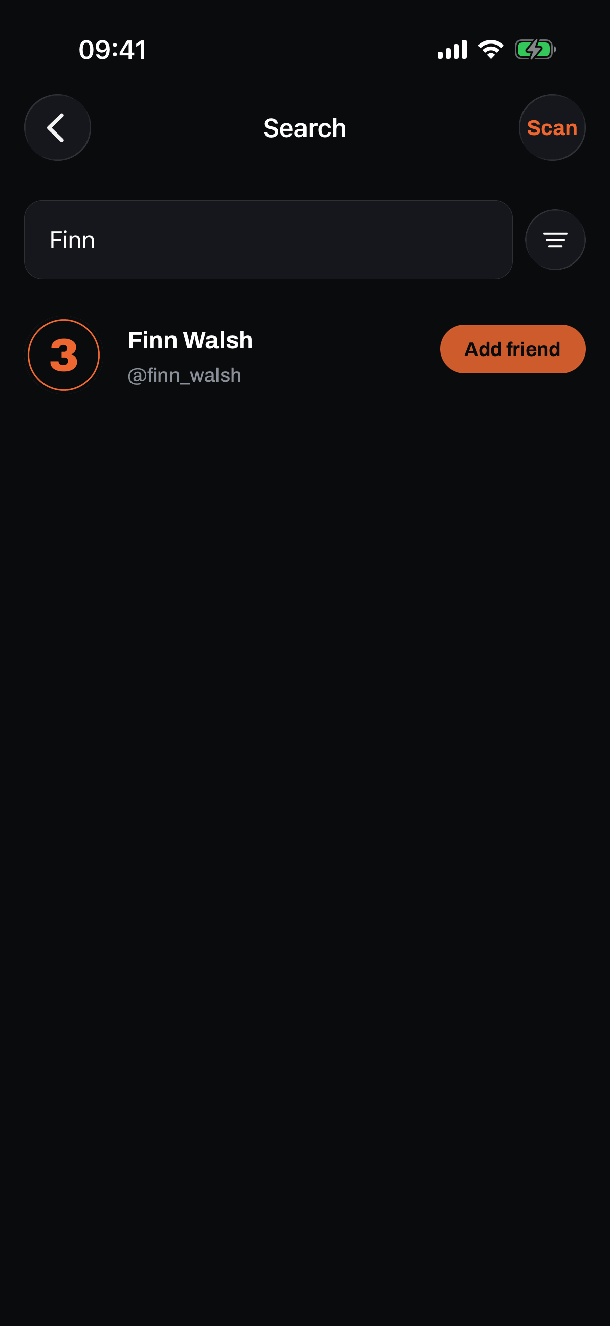 Searching GotNext for a hooper: the query Finn returns Finn Walsh, handle finn_walsh, with an Add friend button beside him and a Scan button in the header for connecting by QR.