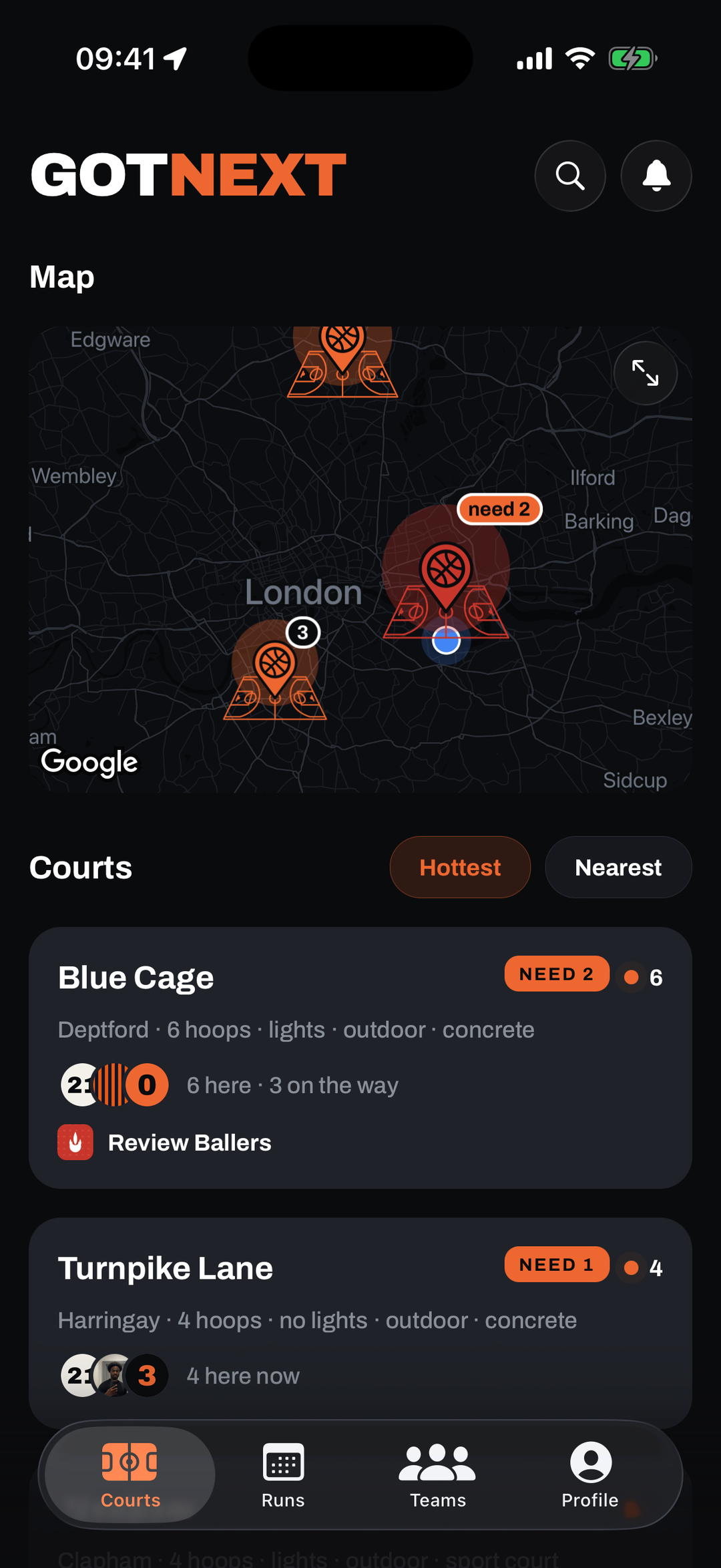 The GotNext home tab: a dark London map with courts glowing, and a Courts list showing Blue Cage and Turnpike Lane with live counts.