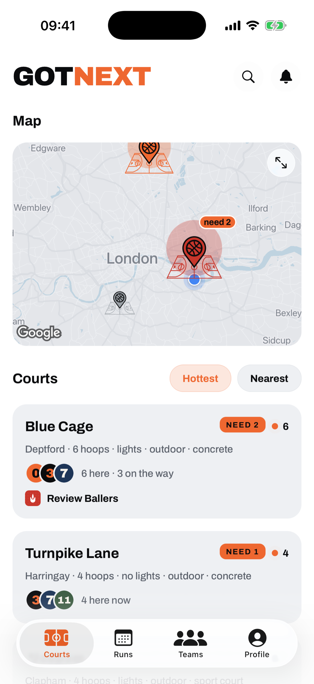 The GotNext home tab: a dark London map with courts glowing, and a Courts list showing Blue Cage and Turnpike Lane with live counts.