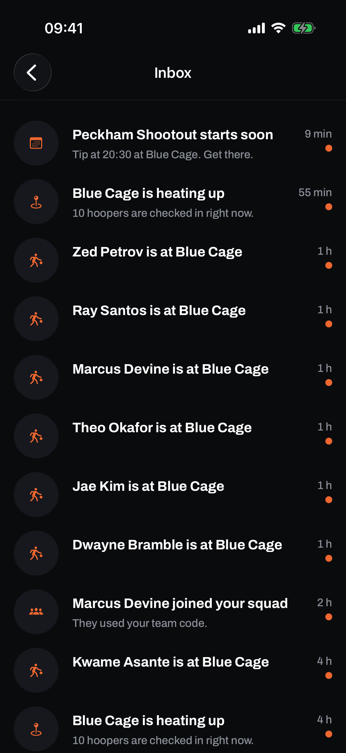The GotNext inbox: Peckham Shootout starts soon with tip at 20:30 at Blue Cage, Blue Cage is heating up with ten hoopers checked in, friends like Zed Petrov and Ray Santos arriving at Blue Cage, and Marcus Devine joined your squad, each with an unread dot.