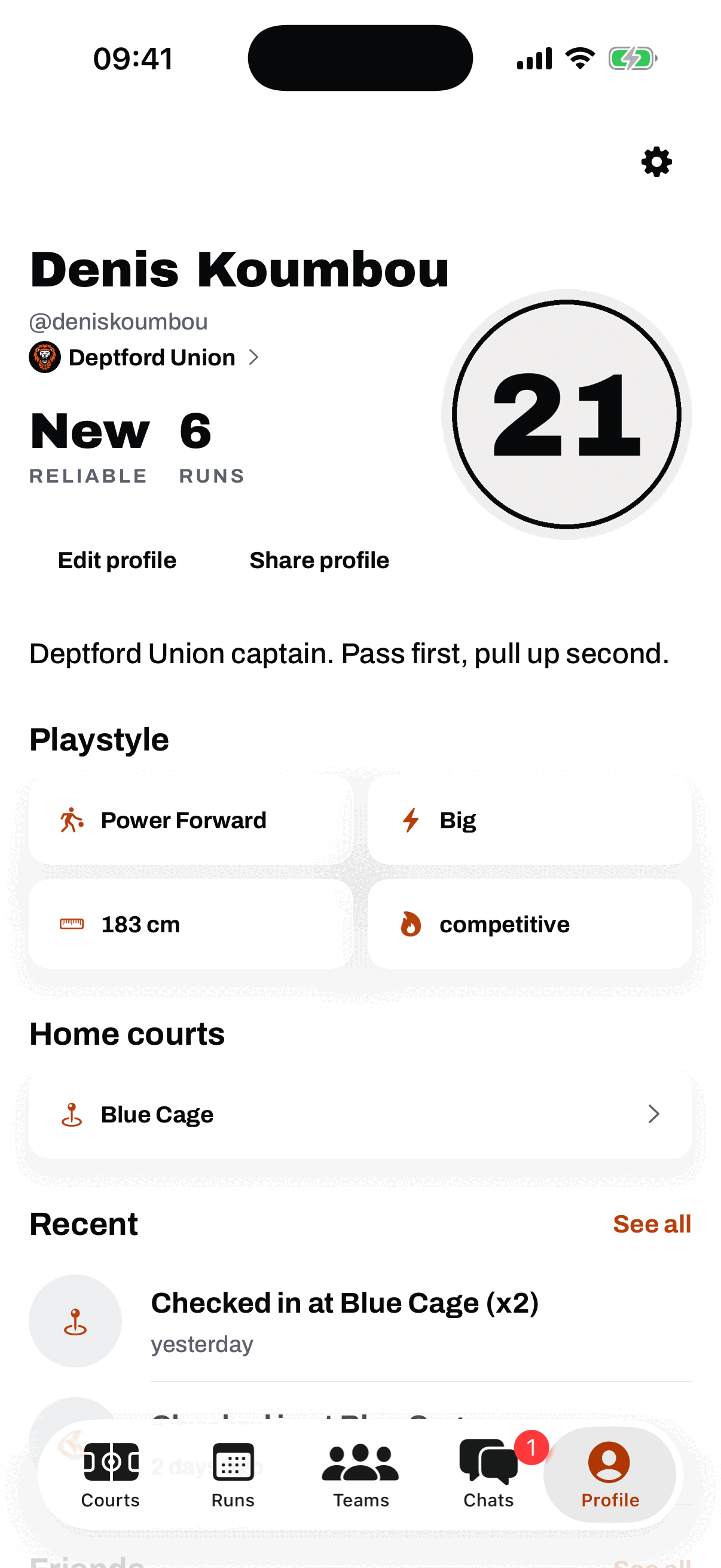 The GotNext profile: Denis Koumbou, handle deniskoumbou, his team Deptford Union, a big number 21 avatar beside the stats, Reliable and Runs, Edit profile and Share profile buttons, a My game line reading Deptford Union captain, pass first, pull up second, and playstyle tiles.