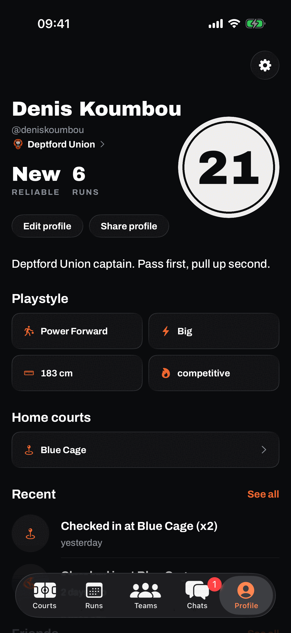 The GotNext profile: Denis Koumbou, handle deniskoumbou, his team Deptford Union, a big number 21 avatar beside the stats, Reliable and Runs, Edit profile and Share profile buttons, a My game line reading Deptford Union captain, pass first, pull up second, and playstyle tiles.
