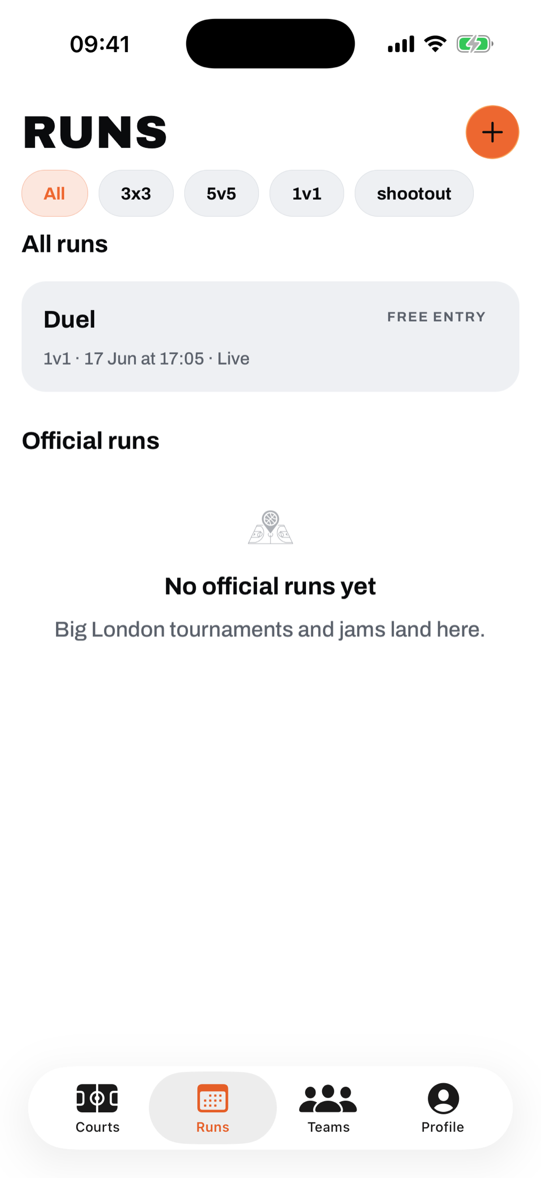 The runs feed with format filters and a live community run, plus the official runs section for big London tournaments.