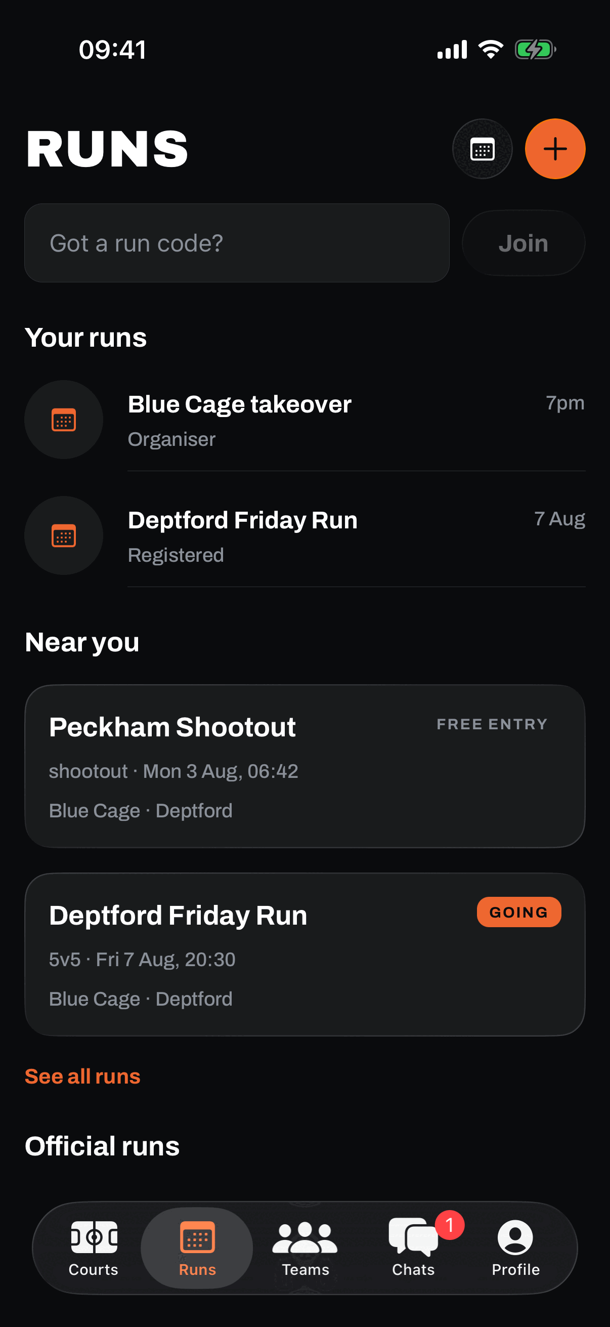 The Runs tab: a Got a run code field with a Join button, a Your runs list showing Blue Cage takeover as organiser and Deptford Friday Run as registered, then Near you with Peckham Shootout marked free entry and Deptford Friday Run tagged Going.