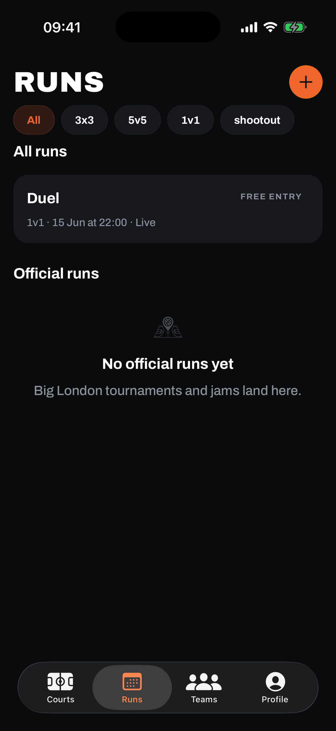 The runs feed with format filters and a live community run, plus the official runs section for big London tournaments.