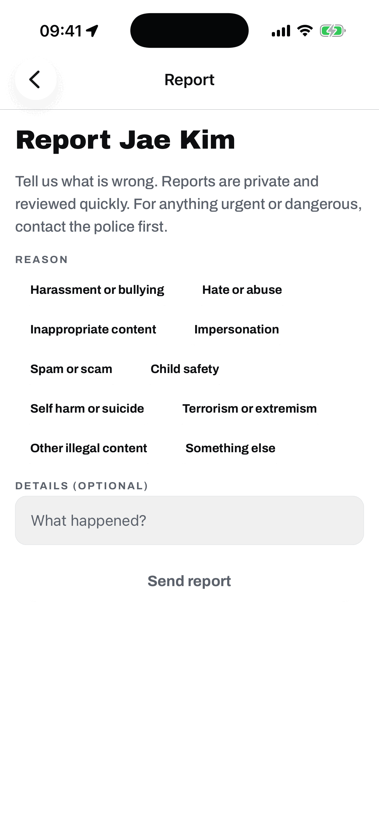 reason chips for harassment or bullying, hate or abuse, inappropriate content, impersonation, spam or scam, child safety, self harm or suicide, terrorism or extremism, other illegal content, and something else