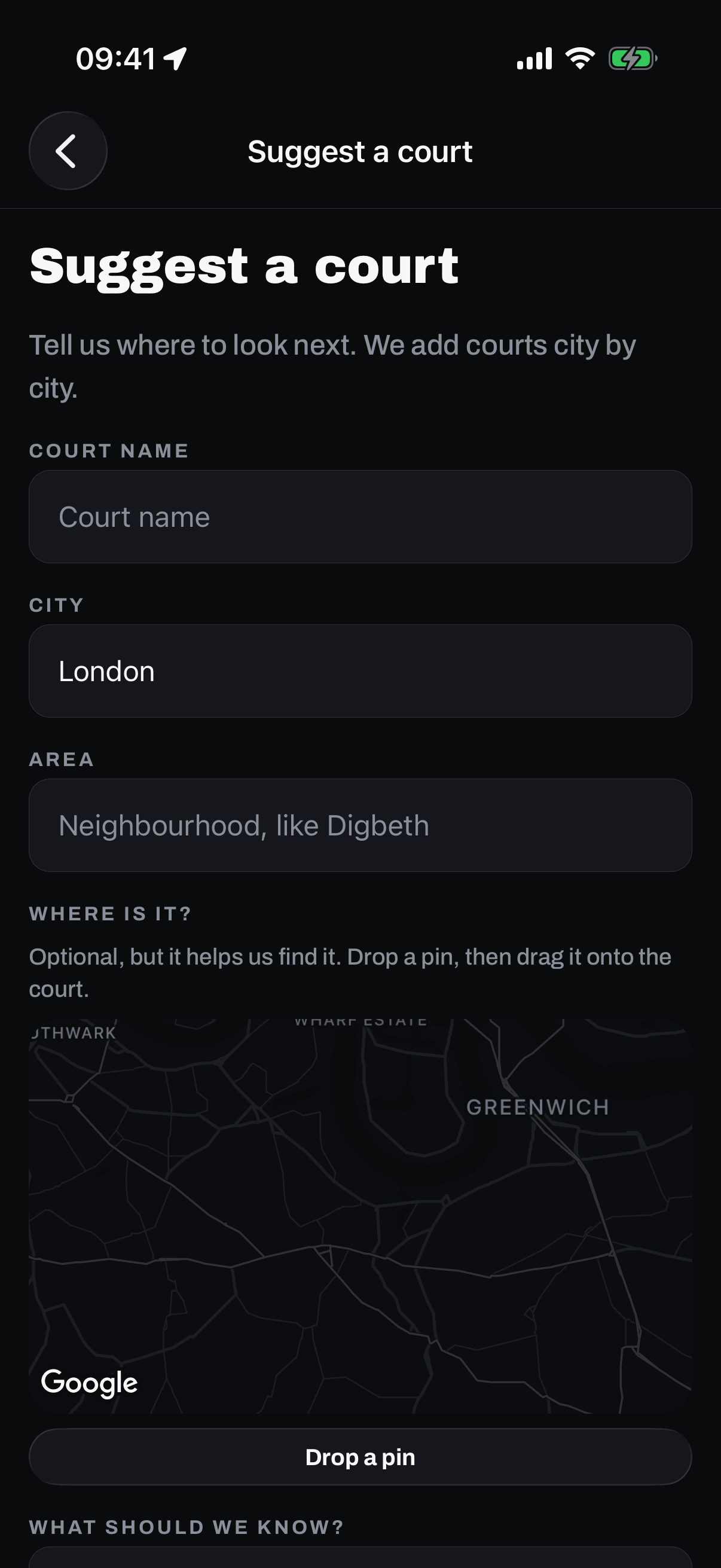 The Suggest a court screen: tell us where to look next, we add courts city by city, with fields for the court name, the city, the area (a neighbourhood, like Digbeth) and what we should know (hoops, lights, surface, when it gets busy).