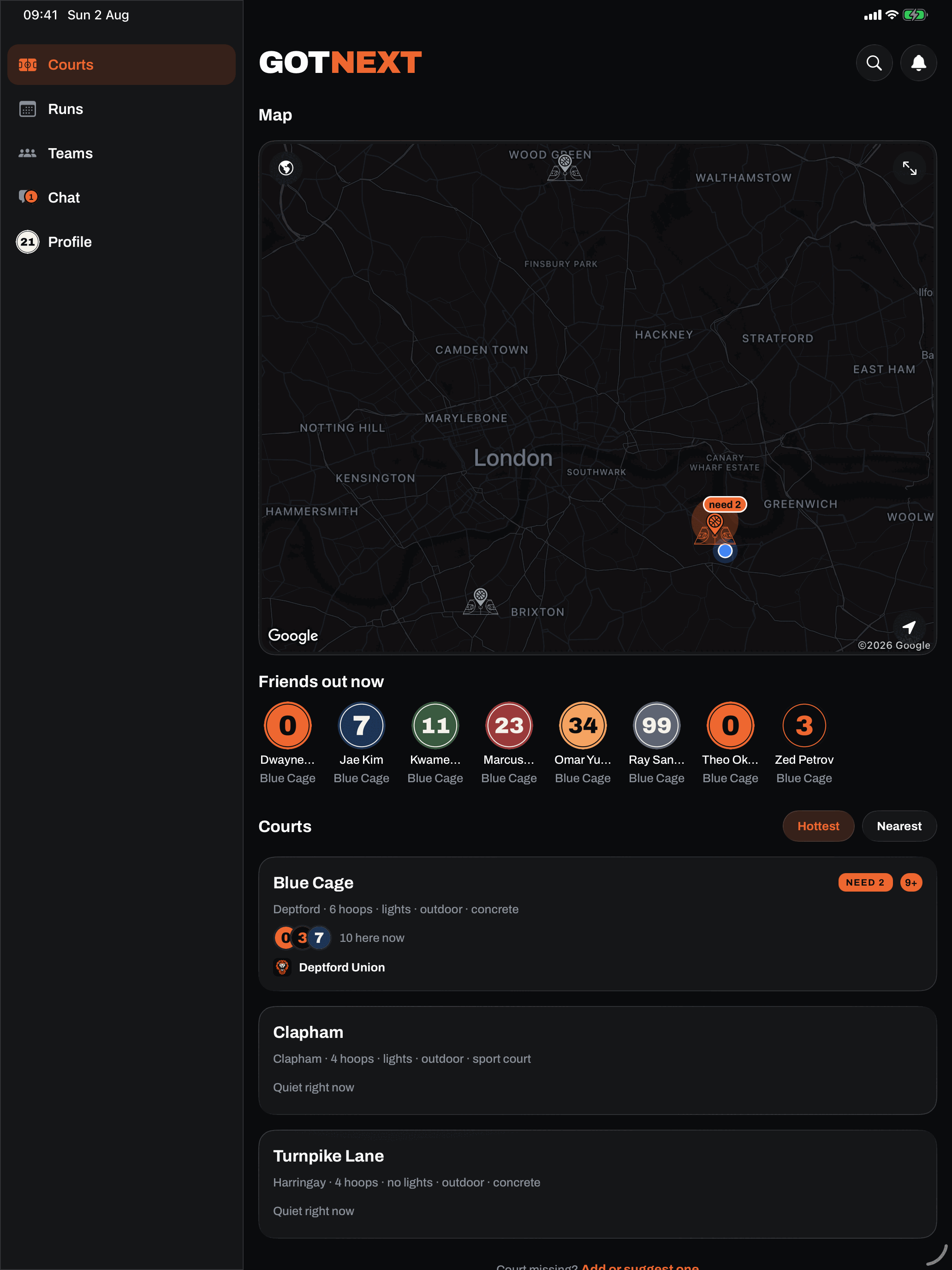 The same GotNext home screen on an iPad: a sidebar with Courts, Runs, Teams, Chat and Profile, a wide London map with court pins, a Friends out now row, and the Courts list with Blue Cage, Clapham and Turnpike Lane.
